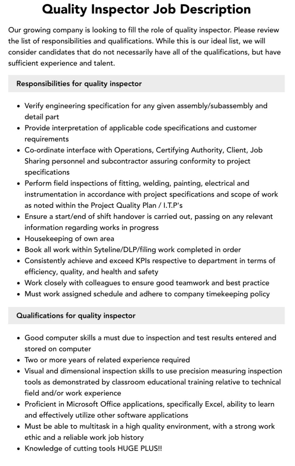 Picture of: Quality Inspector Job Description  Velvet Jobs